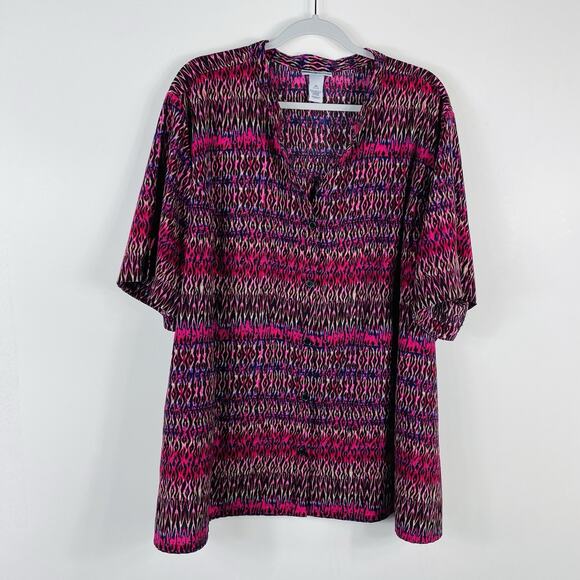 Catherines Maggie Barnes Size 3X Printed Short Sleeve Button Blouse Top Pink - Picture 1 of 4